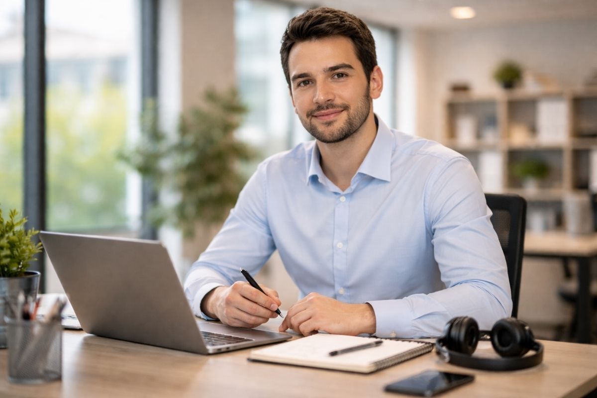 Freiberuflichler Vertriebler im Büro arbeitet am Laptop und macht sich Notizen