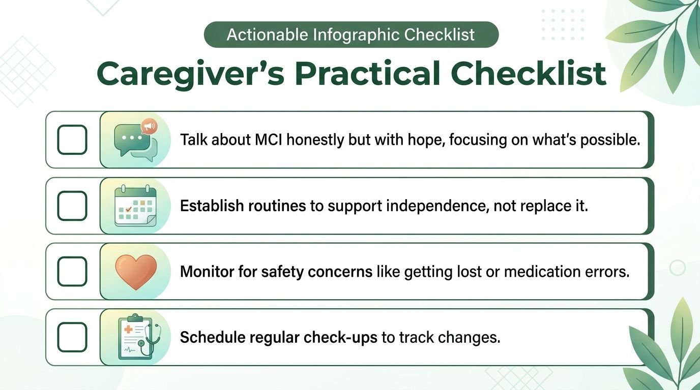 A caregiver's practical checklist infographic with four actionable steps for managing mild cognitive impairment and dementia care.