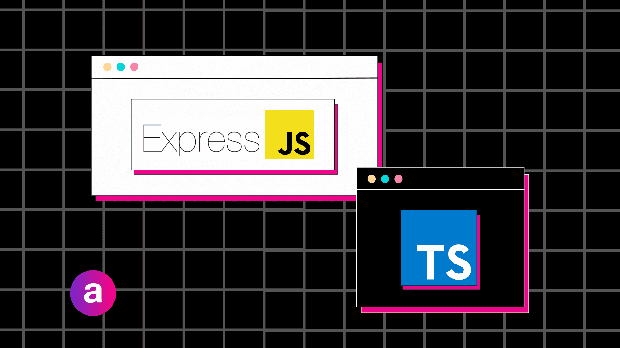 A black grid background with the logos of express.js and TypeScript