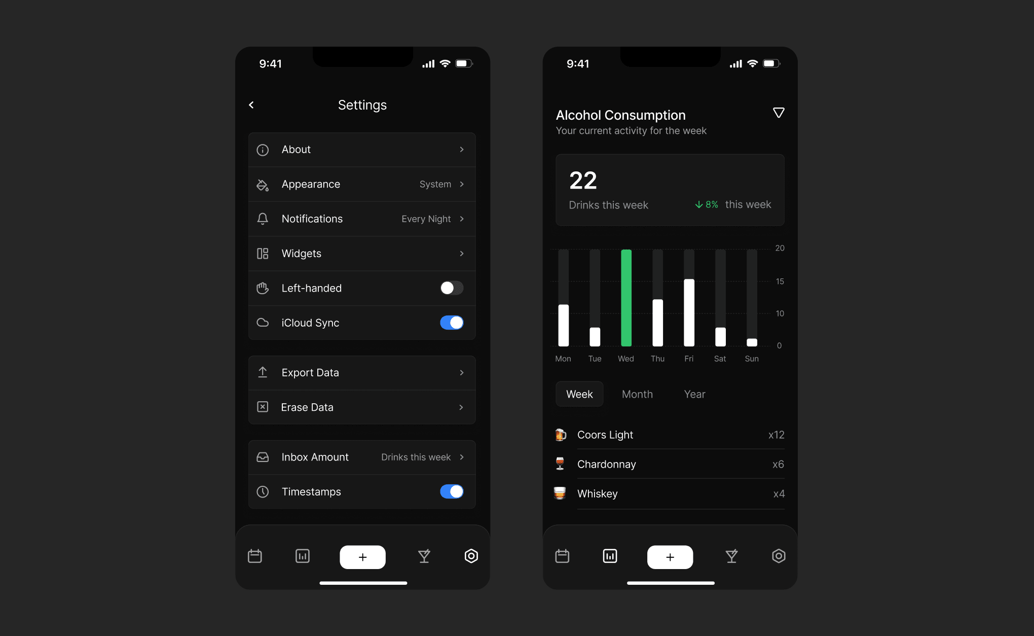 iOS screens utilizing dark mode for an alcohol tracking app showing the settings screen as well as progress screen