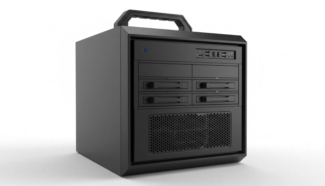 DSLR product photograph of a high-end professional workstation, HP Z8 G4 style, in a three-quarter view. The full-tower PC case is made of a rugged, matte black material with an angular design. It features a large integrated handle on top, a prominent perforated ventilation grille on the front lower section, and multiple drive bays and I/O ports on the upper front panel. The image is captured with sharp focus under soft studio lighting, creating clean highlights and gentle shadows against a seamless, pure white background.