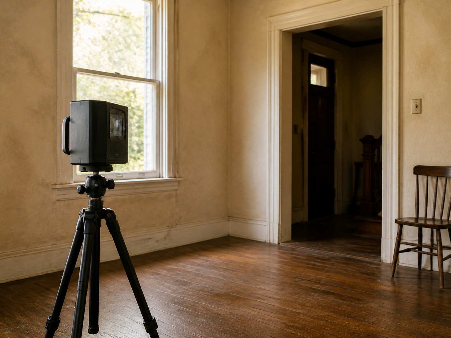 A laser scanner on a tripod in an empty room of an older house, afternoon light through the window