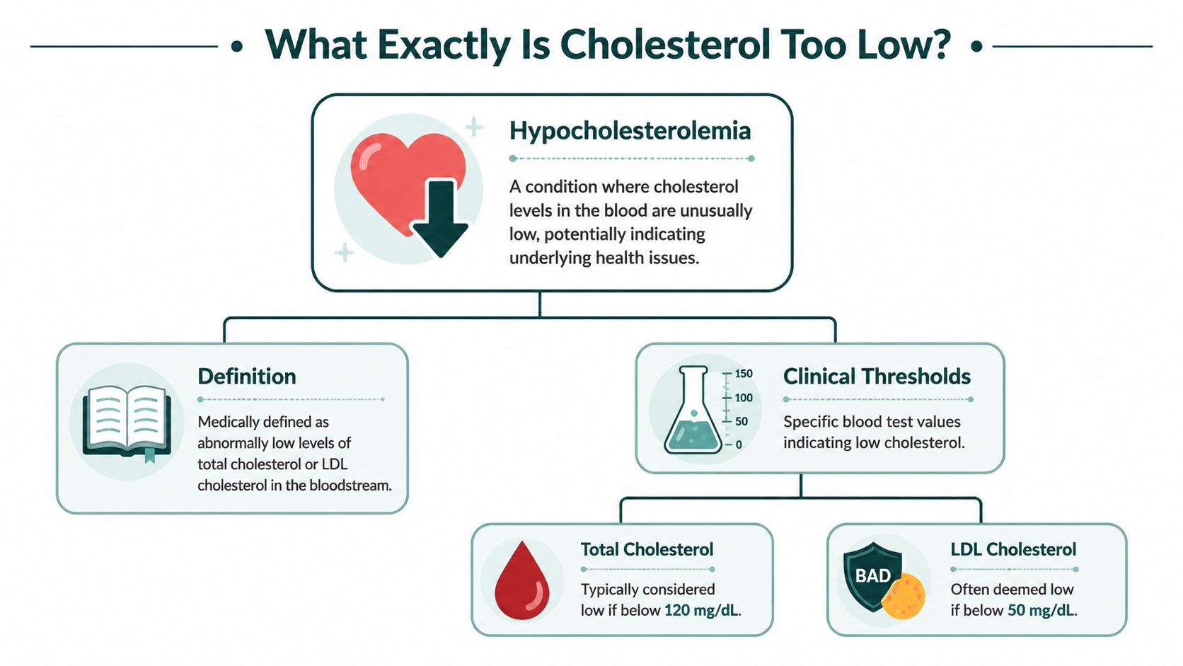 An infographic titled What Exactly Is Cholesterol Too Low explaining hypocholesterolemia, its definition, and specific clinical blood test thresholds.