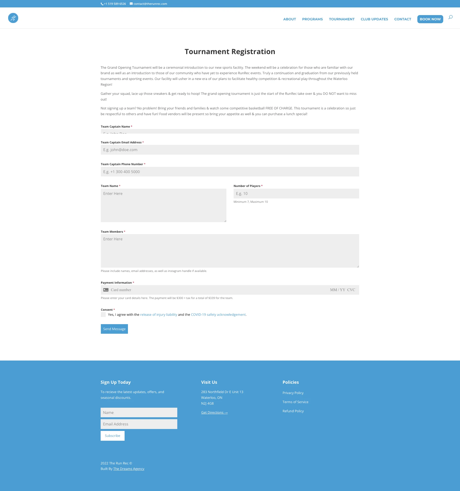 Tournament page for therunrec website developed & designed by Dreams Agency Mississauga, Ontario