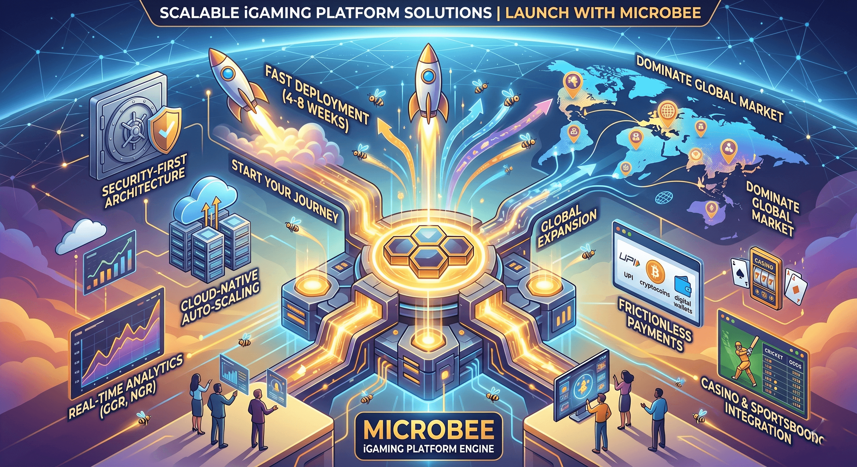Golden rocket on a navy launchpad surrounded by holographic milestone markers representing the strategic launch of a profitable iGaming platform