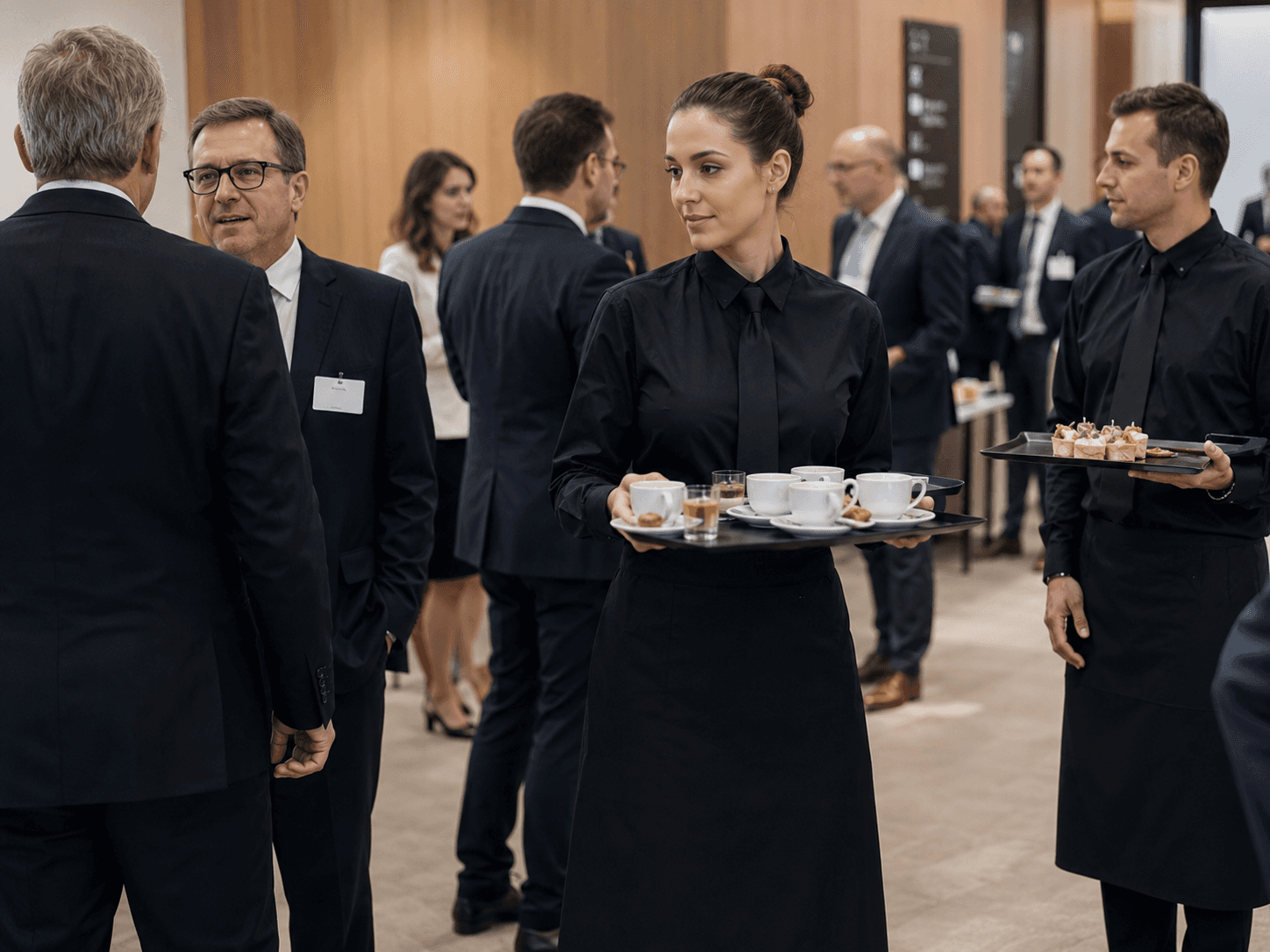 Equipe de catering servindo coquetel corporativo de relacionamento com clientes