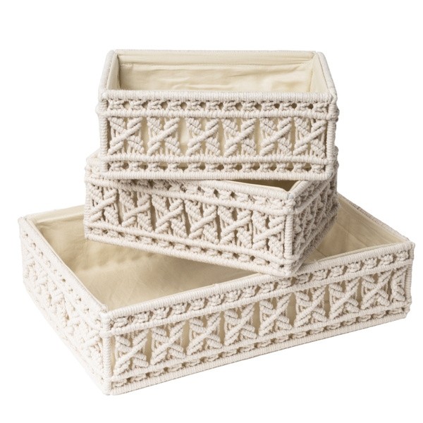 Handcrafted cotton macrame storage tray set of three