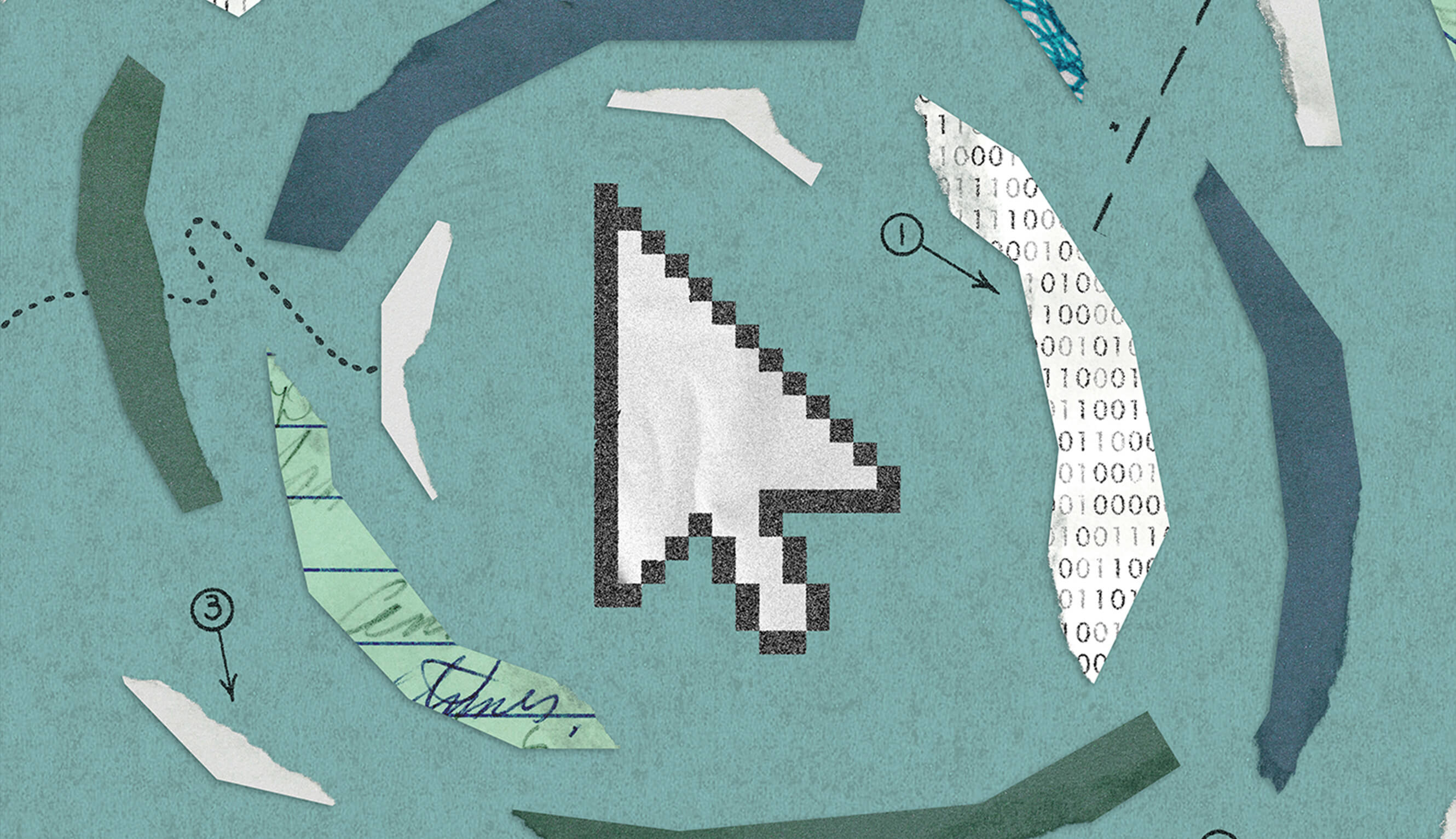 An illustrated mouse cursor with collage shapes surrounding it.