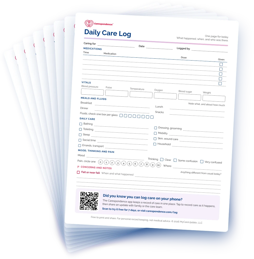 A fanned stack of eight free printable caregiver pages from Carespondence, with the Daily Care Log on top.