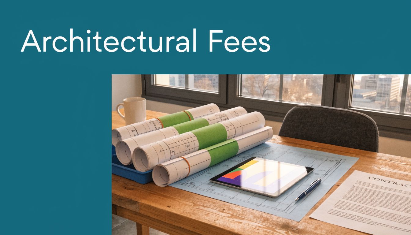 A wooden desk holding blueprints, a digital tablet, a pen, and a contract document in an office.