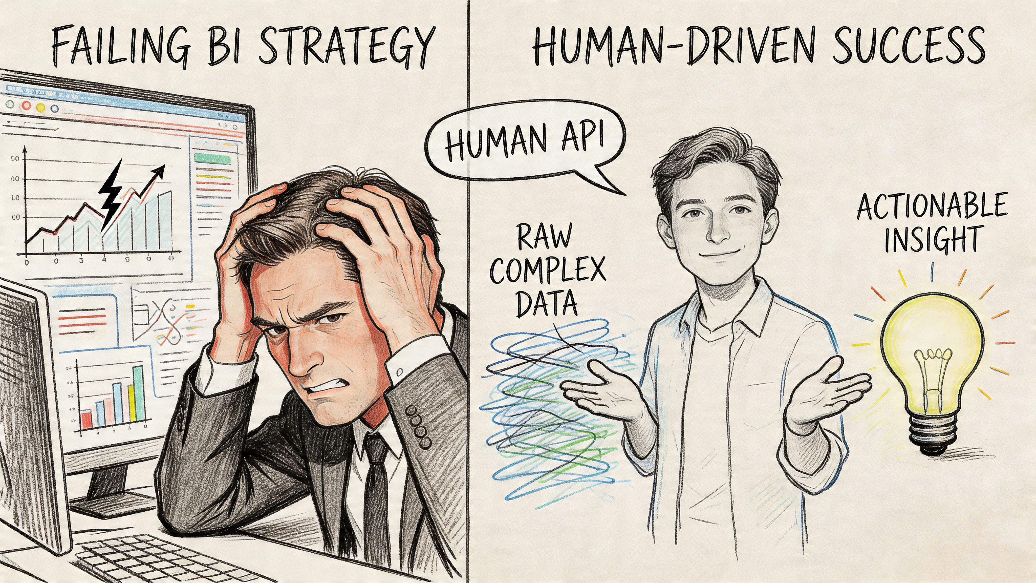 A comparison drawing between a frustrated man looking at complex dashboards and a successful human-driven insights process.