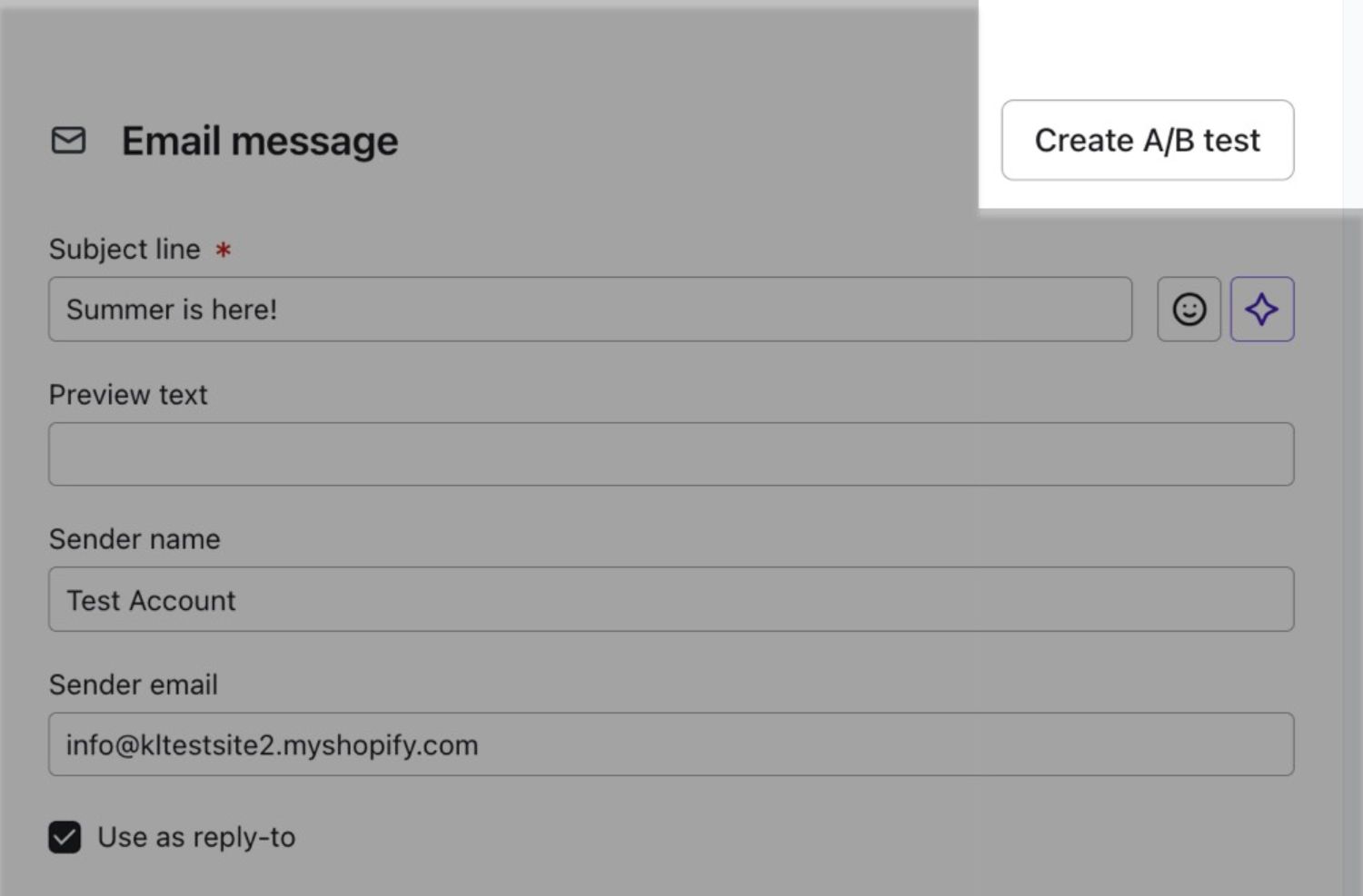 "Set Up AB Tests.jpg": Email message setup in Klaviyo with options to create A/B tests for subject lines, preview text, and sender details.