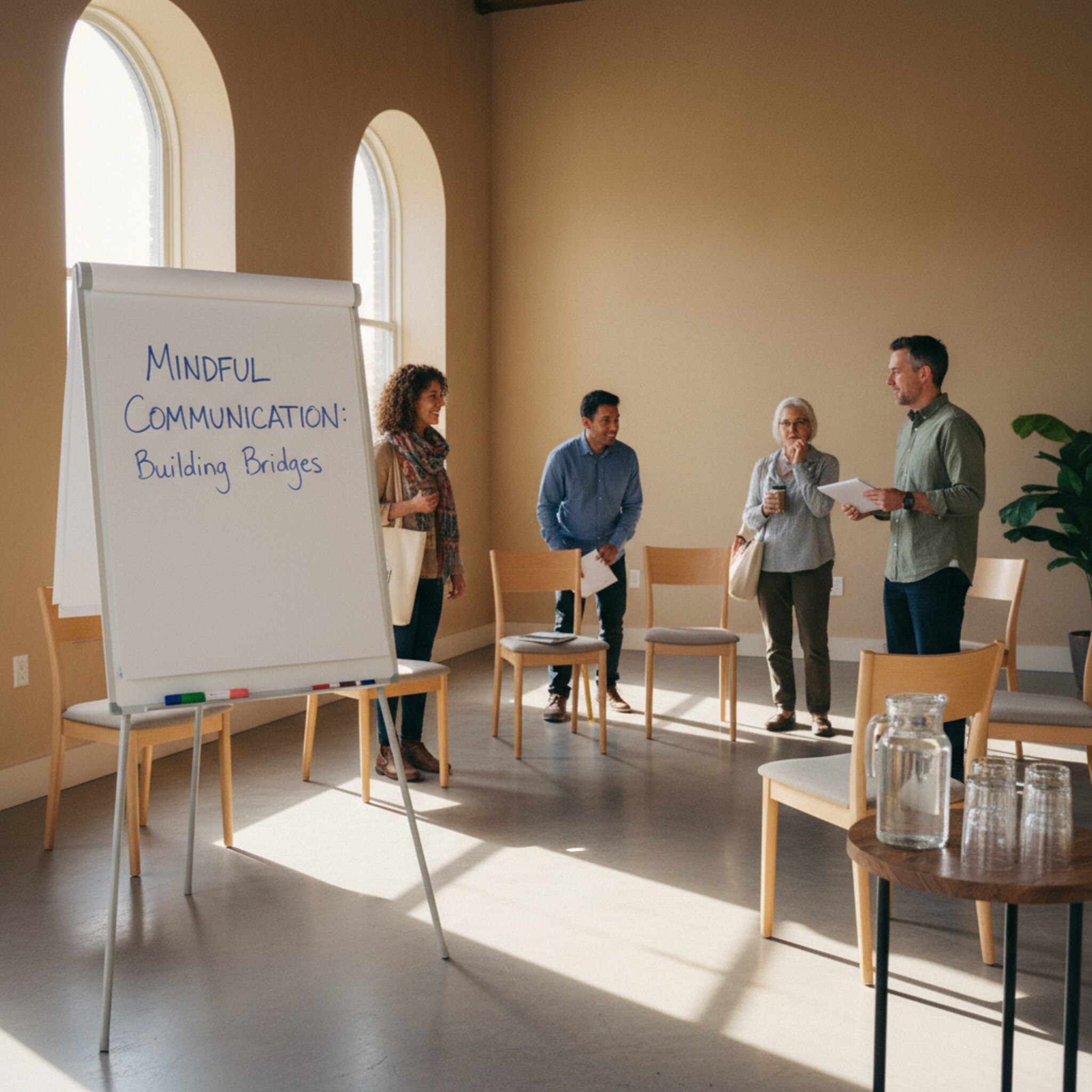 Ein freundlicher Kursraum kurz vor Beginn: Stühle im Kreis, ein Flipchart mit einem handgeschriebenen Thema, Wasserkrüge auf einem kleinen Tisch. Teilnehmende kommen nacheinander an und begrüßen sich leise. Die Kursleitung überprüft diskret die Anwesenheit und lädt ein, Platz zu nehmen.
