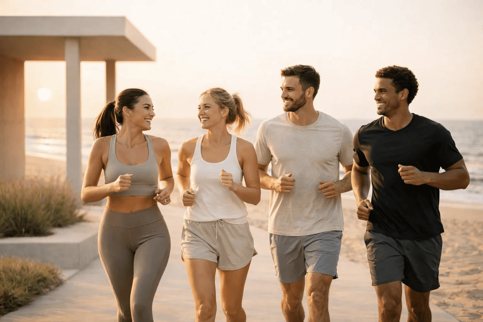 Active group jogging outdoors promoting fitness and healthy lifestyle