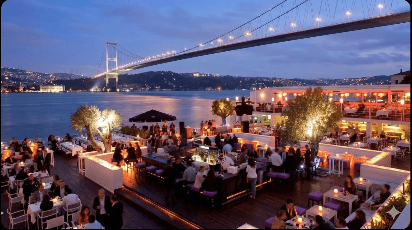 Bosphorus nightlife in Istanbul with waterfront bars and city lights