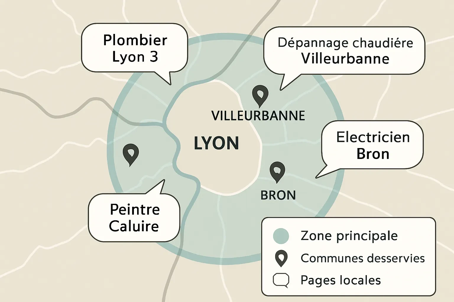Carte de chalandise locale avec exemples d’expressions « service + ville »