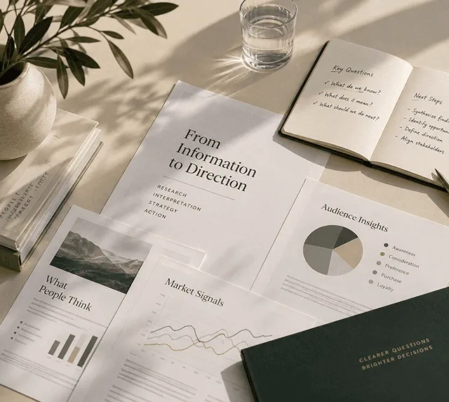 Editorial strategy materials illustrating Plain Sight’s senior attention, flexible engagement, strategic interpretation, and decision-focused approach to turning evidence into clearer business direction.