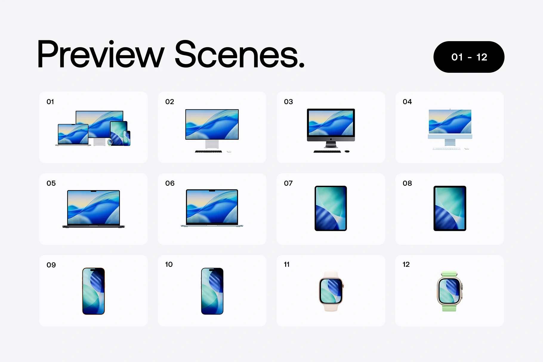 Grid preview of 12 Apple device mockup scenes with multiple layouts and angles.