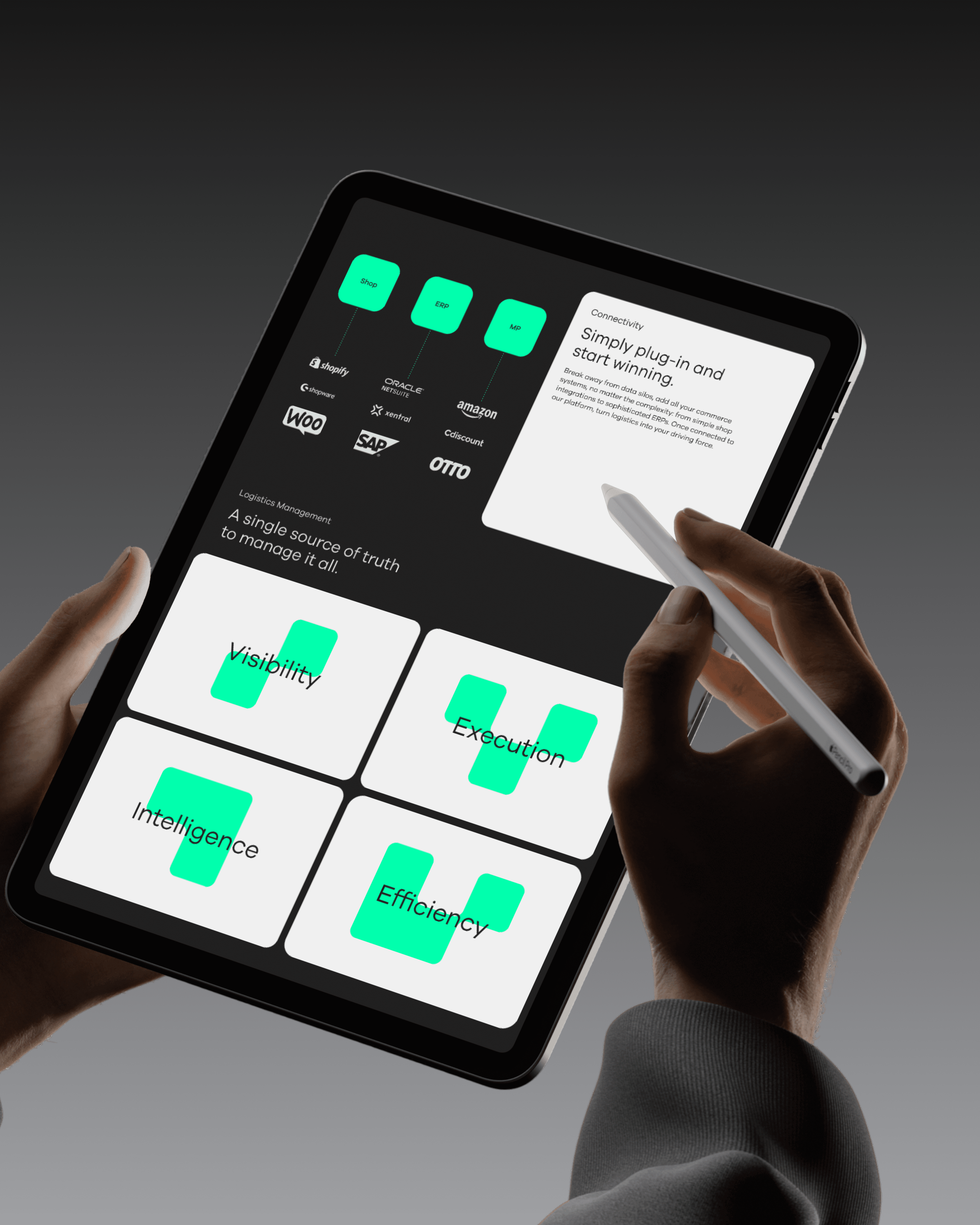 Everstox website displayed on a tablet held by two hands, showing four feature quadrants: Visibility, Execution, Intelligence, and Efficiency