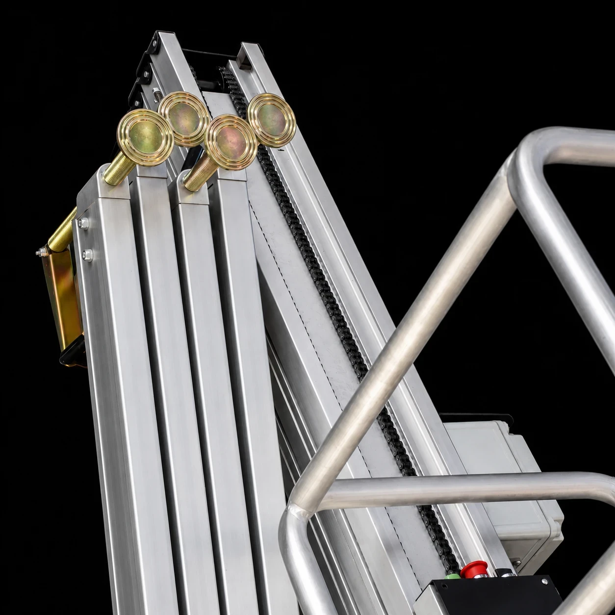 Removable outriggers for single mast lift designed to provide stable ground support during elevated operation.