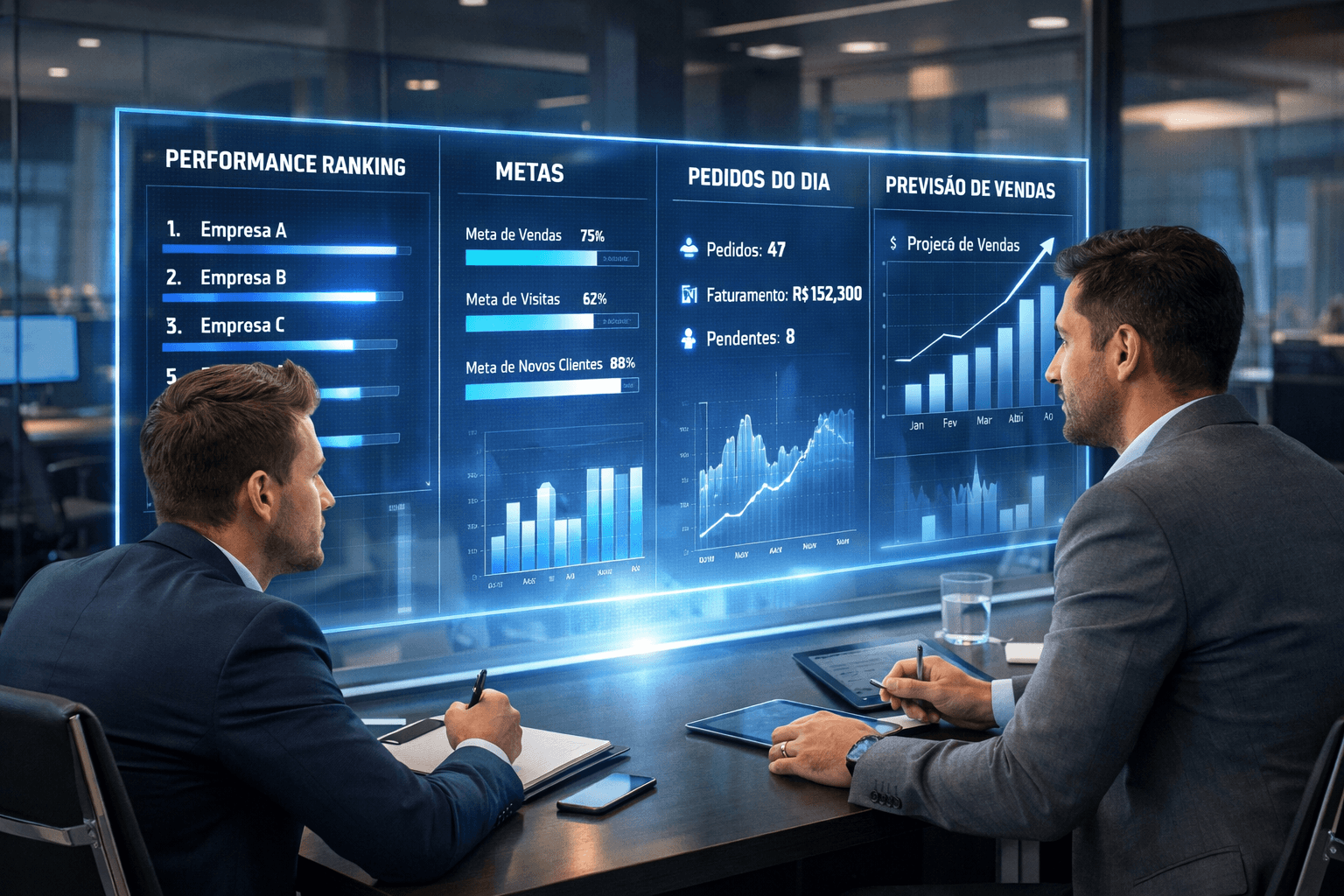 Reunião comercial com dois vendedores analisando indicadores de desempenho em um painel digital holográfico, com dados de vendas, metas, pedidos do dia e previsões, em um ambiente corporativo moderno e tecnológico.