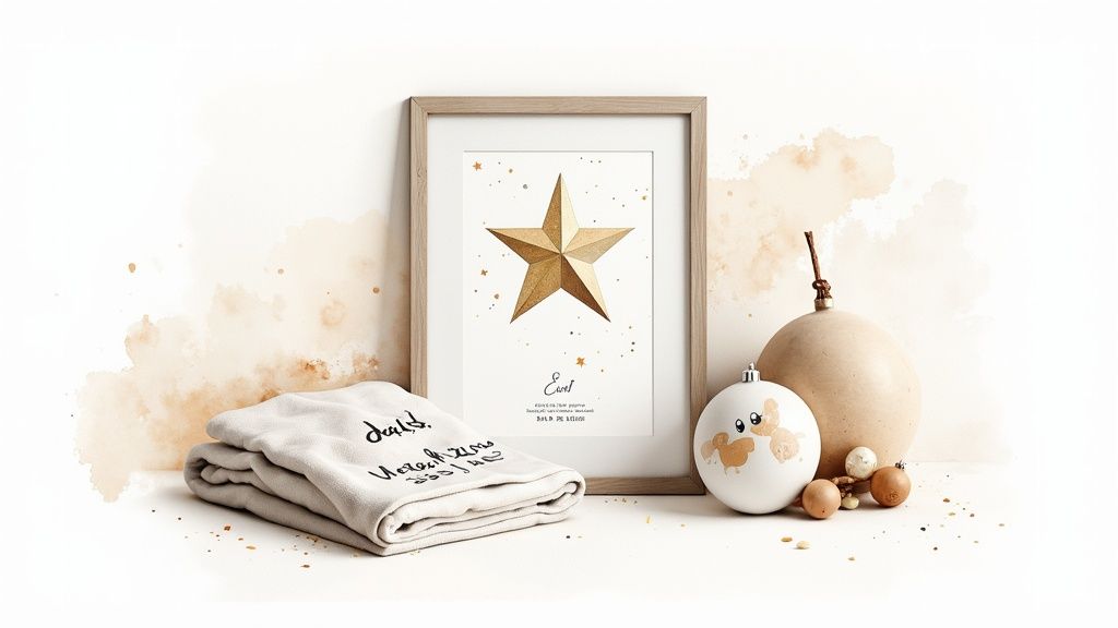 A personalized framed golden star print, folded blanket, and baby animal ornaments create a cozy nursery display.
