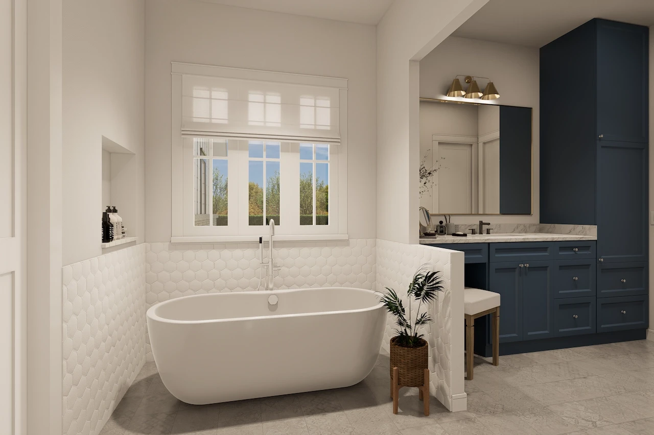 Elegant 3D visualization of a modern master bathroom featuring a freestanding bathtub, textured white tile, and navy blue cabinets. Created by 3D CBA.