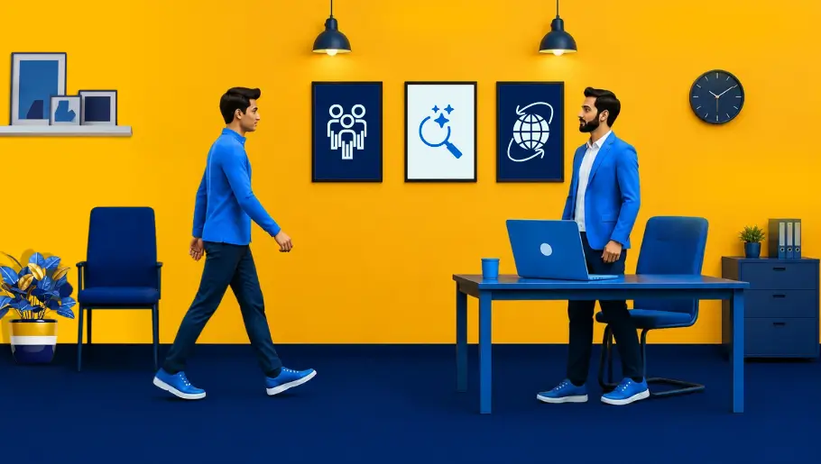 Two men in blue outfits in a modern yellow and blue office representing AI search visitors.