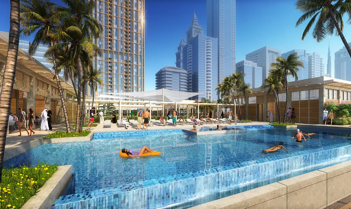 City Tower 1 overlooks the pool area at Marina Bay Resort oasis.