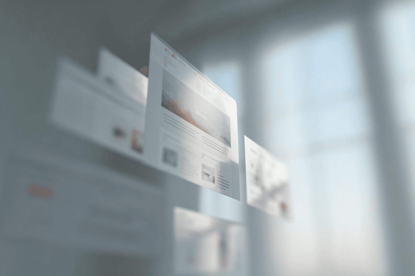 Floating pages of a website in a light blue tinted room