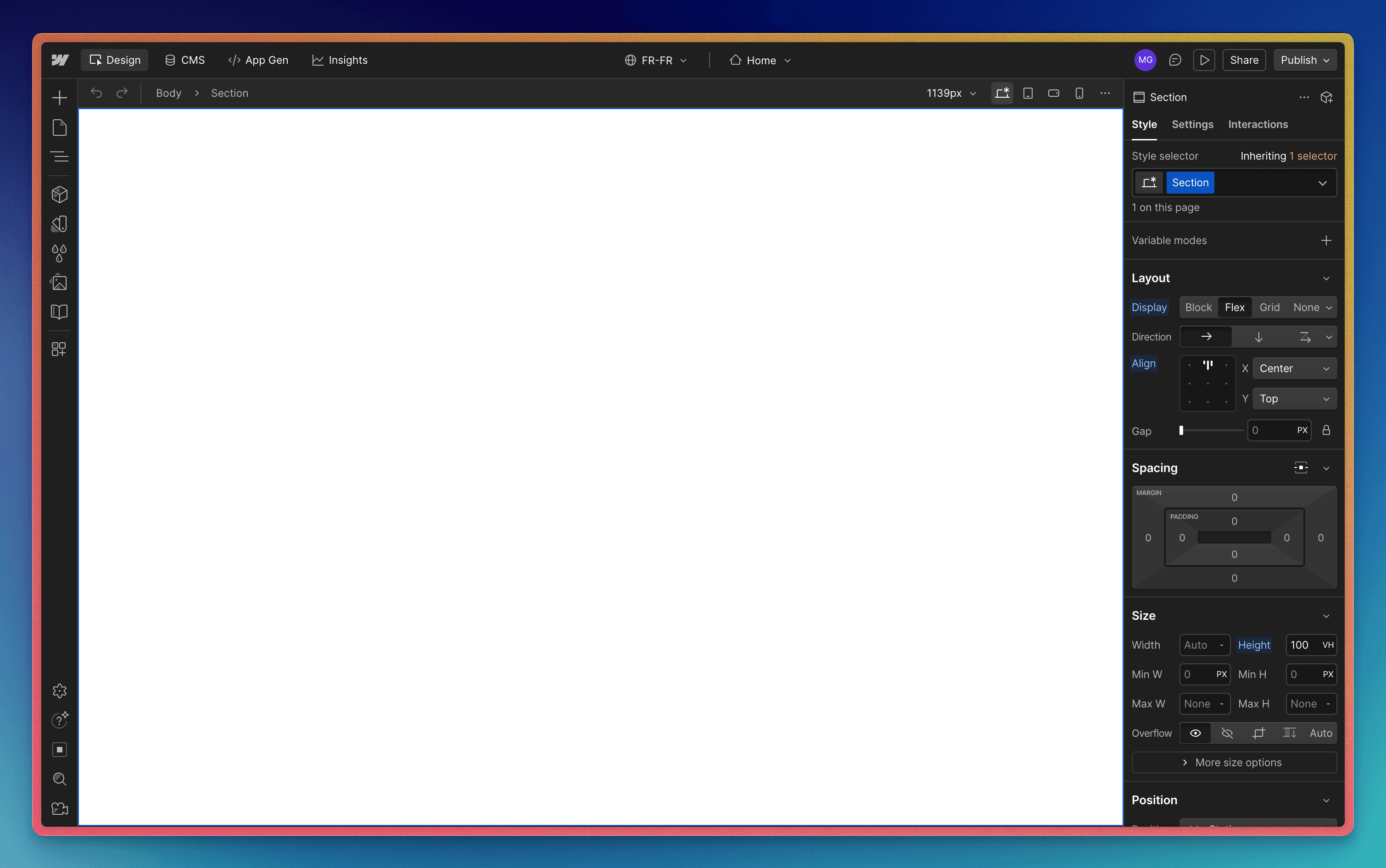 Interface de Webflow