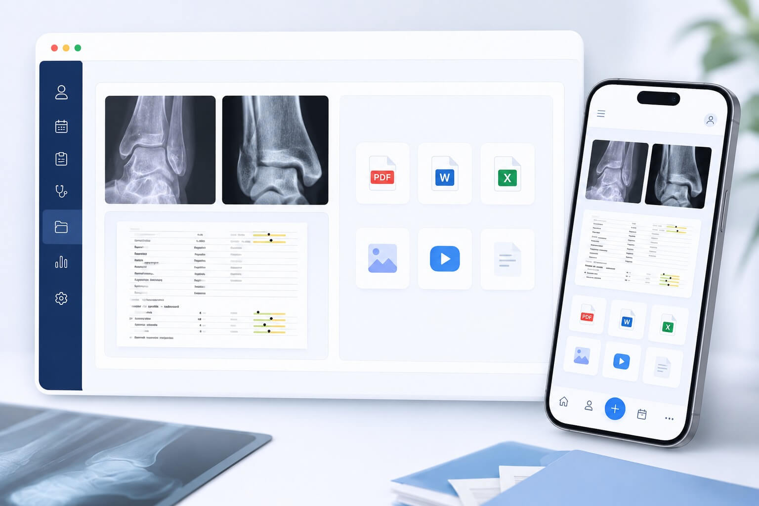 Interfața Evolvo pe tabletă și telefon, afișând radiografii, fișe medicale și documente ale pacientului (PDF, Word, Excel), centralizate într-un singur loc.