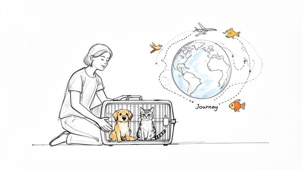 A person kneels by a pet carrier with a dog and cat, symbolizing worldwide pet travel by plane.