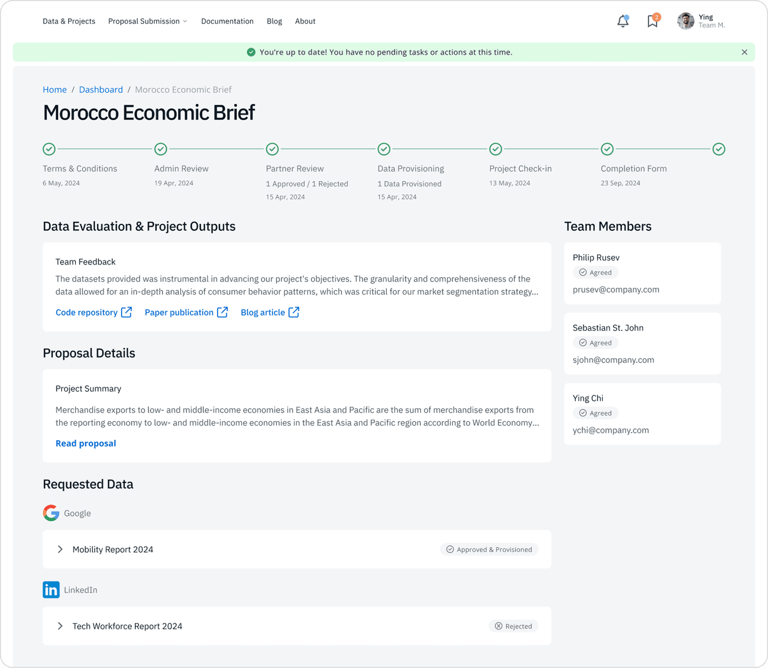 Desktop portal UI for a non-profit showing the last step of the process, which is Project completed
