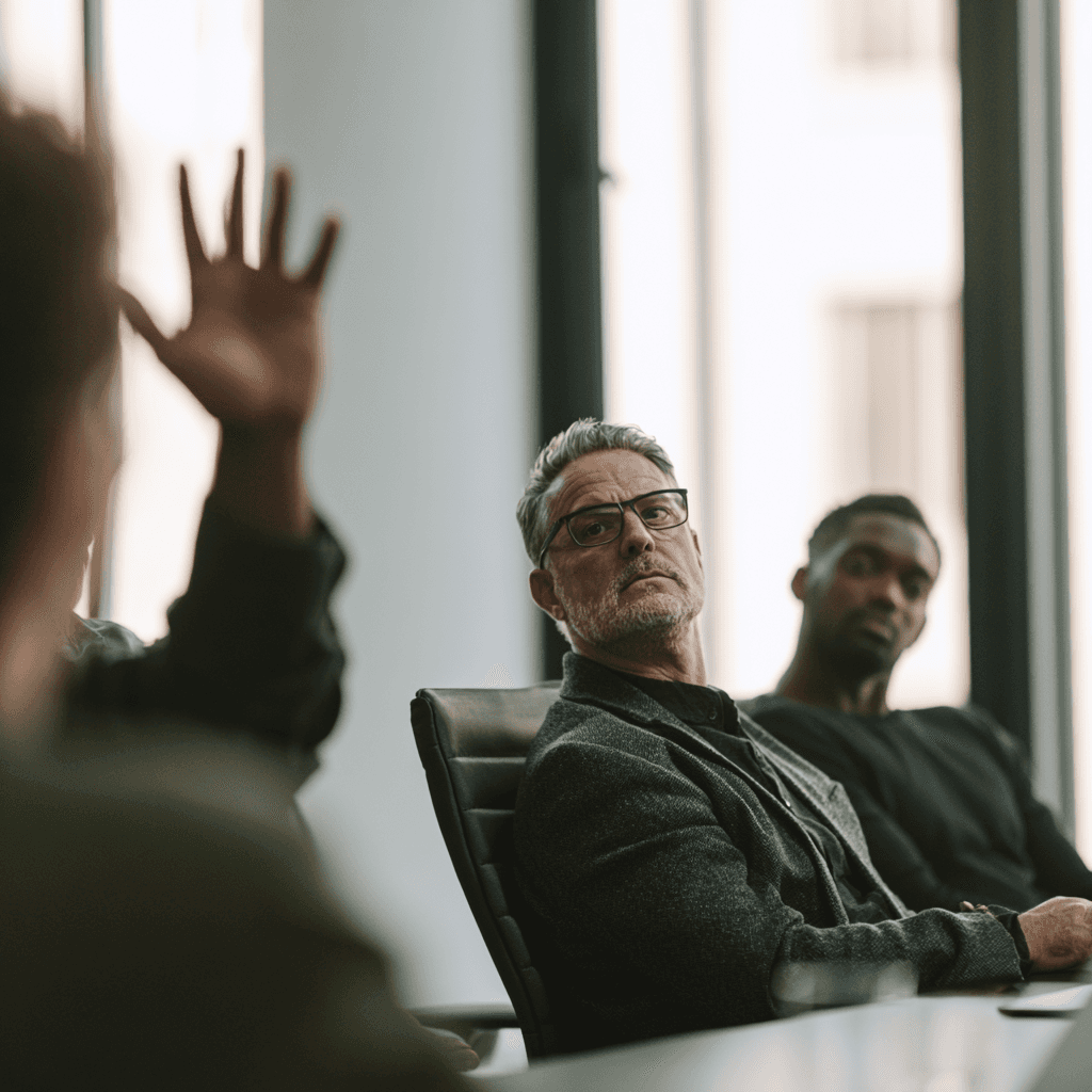 A man sitting silently in a meeting while a colleague talks over him