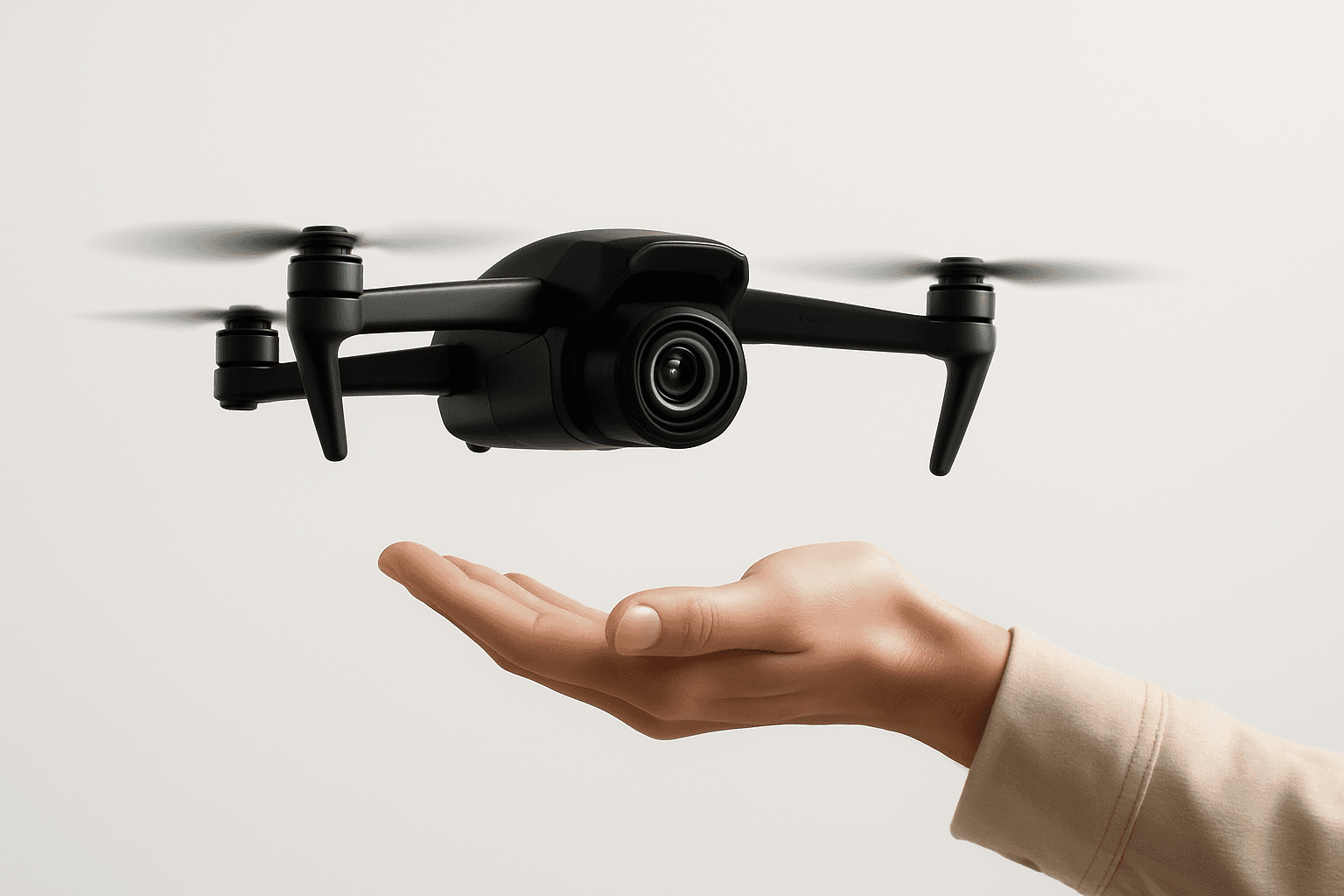 A sleek black drone hovering smoothly above an outstretched hand, highlighting advanced technology and precision control.