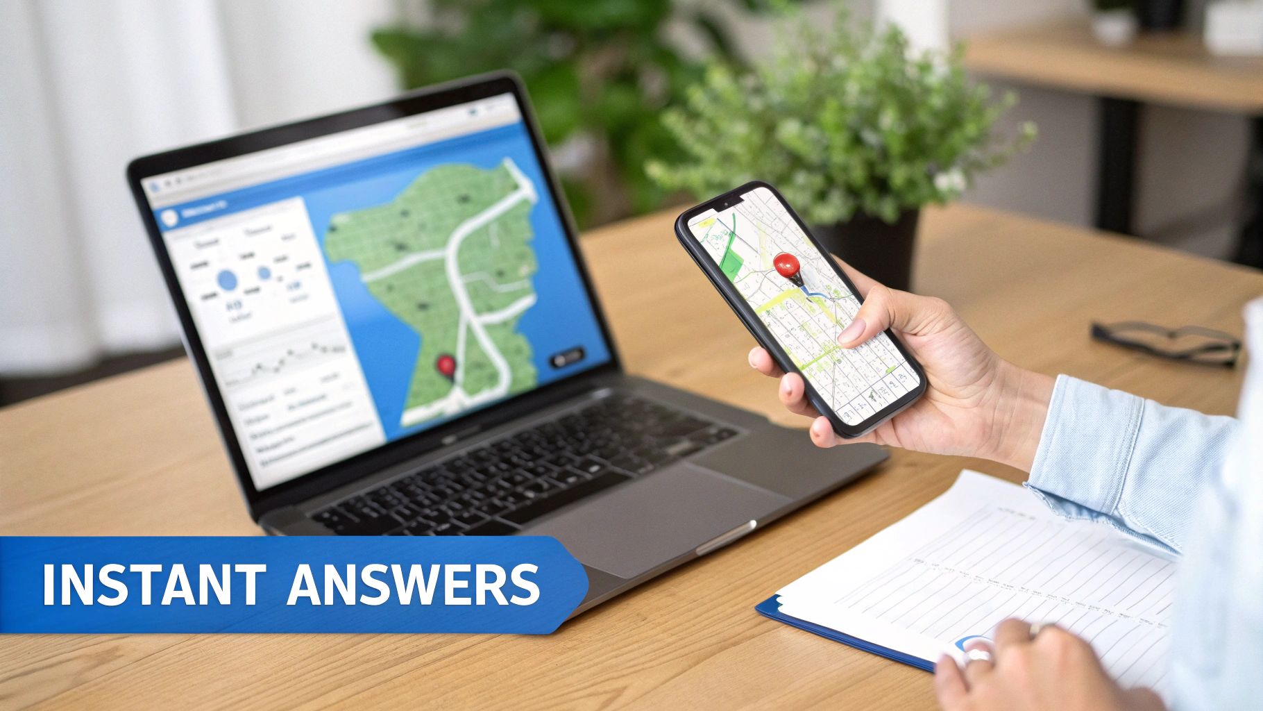 A person uses a laptop and smartphone displaying maps and data for instant reporting and analysis.