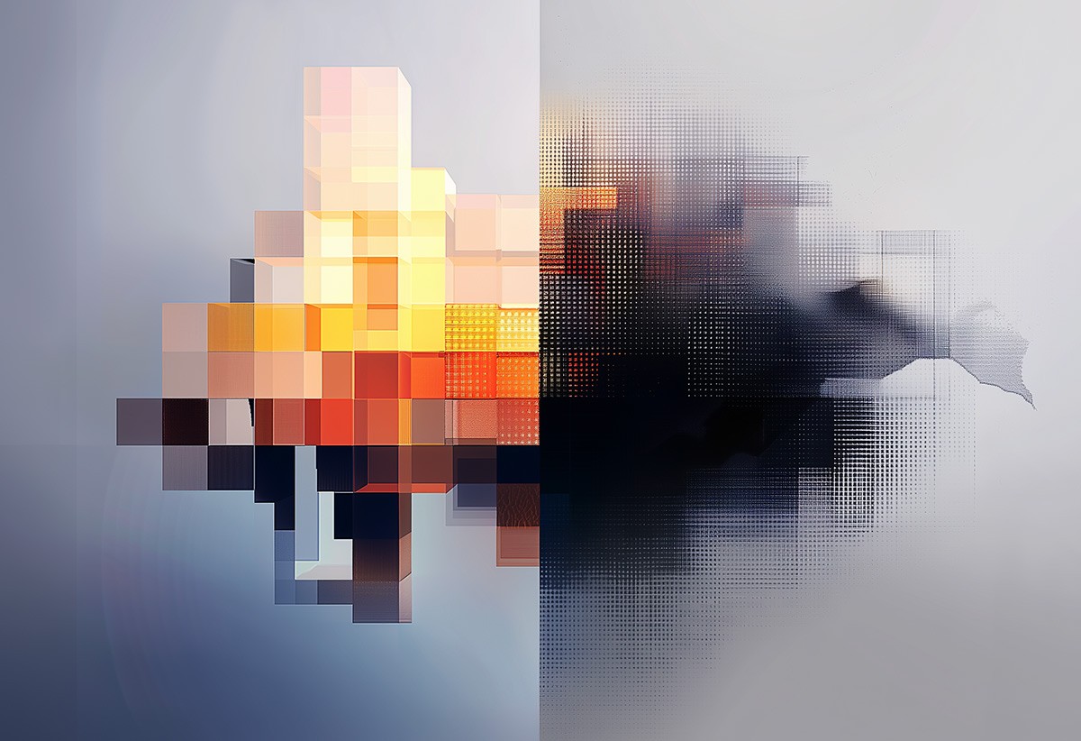 Conceptual AI generated digital art, a pixelated gradient of orange and grey, abstract geometric shapes with subtle reflections.