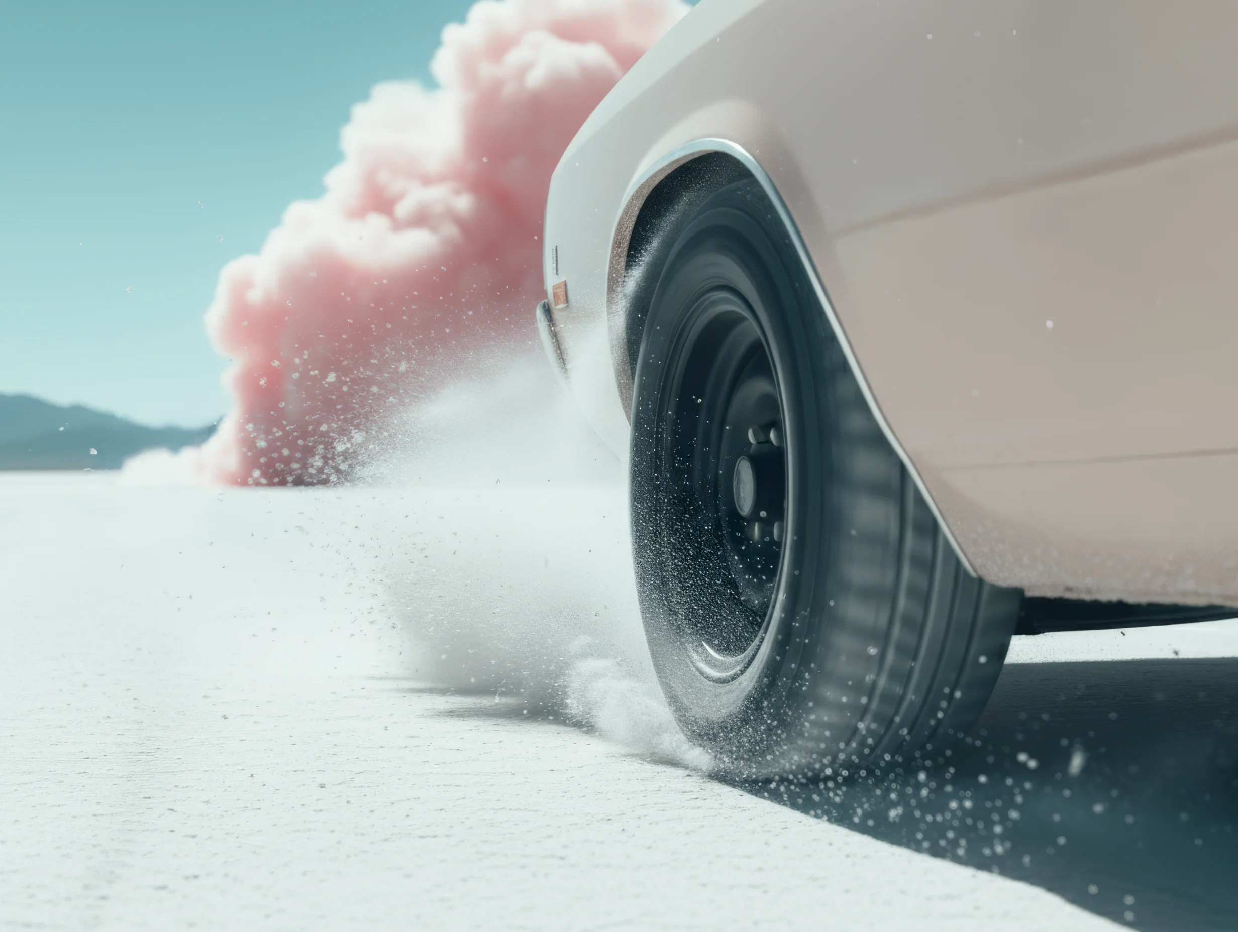 Close-up of a car wheel kicking up dust in the desert with pink smoke in the distance