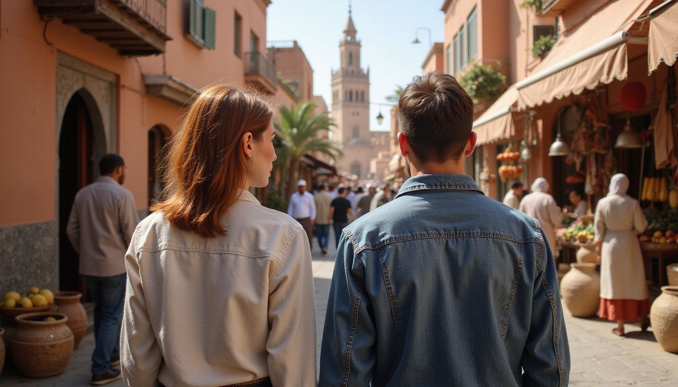 A couple admires the Koutoubia Mosque in a vibrant market.