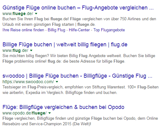 Google Suchergebnisseite für den Suchbegriff "Flüge"