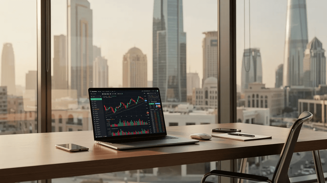 The image depicts a modern office workspace in a Middle Eastern city, featuring a laptop screen displaying financial charts that reflect strategic financial leadership and cash flow management. Through the floor-to-ceiling windows, a vibrant city skyline can be seen, emphasizing the dynamic environment for financial professionals engaged in financial planning and corporate finance.