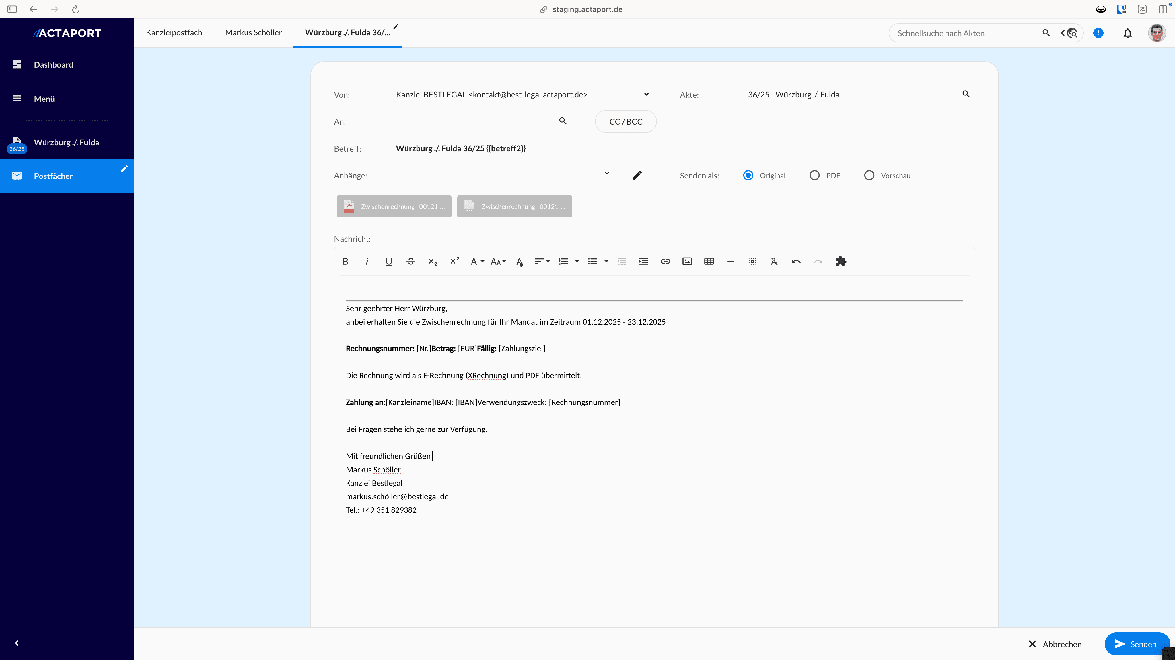 Zu sehen ist die E-Mail Preview in Actaport, in der beide Versionen der E-Rechnung automatisch als Anhang mitgeliefert werden.