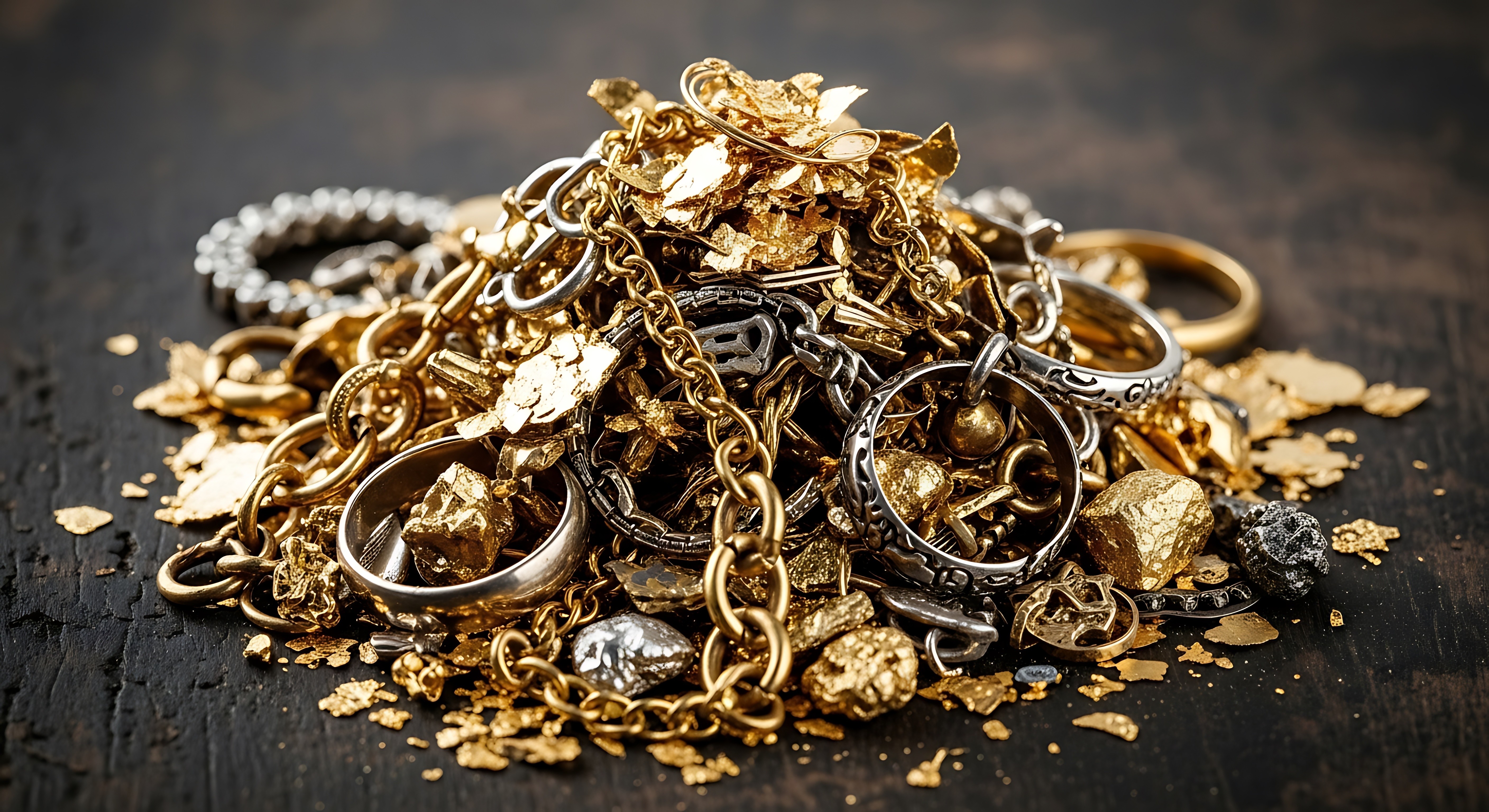 A large, diverse pile of assorted 10k to 24k gold jewelry scrap, including rings and bracelets, ready for high-yield refining.