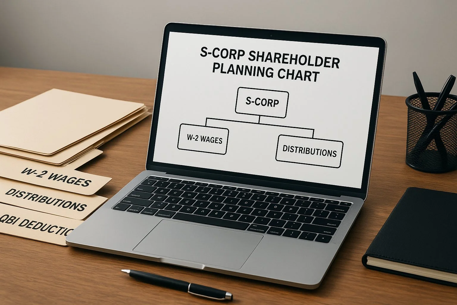Digital workspace displaying an S-Corp shareholder planning chart with folders labeled W-2 wages, distributions, and QBI deduction.