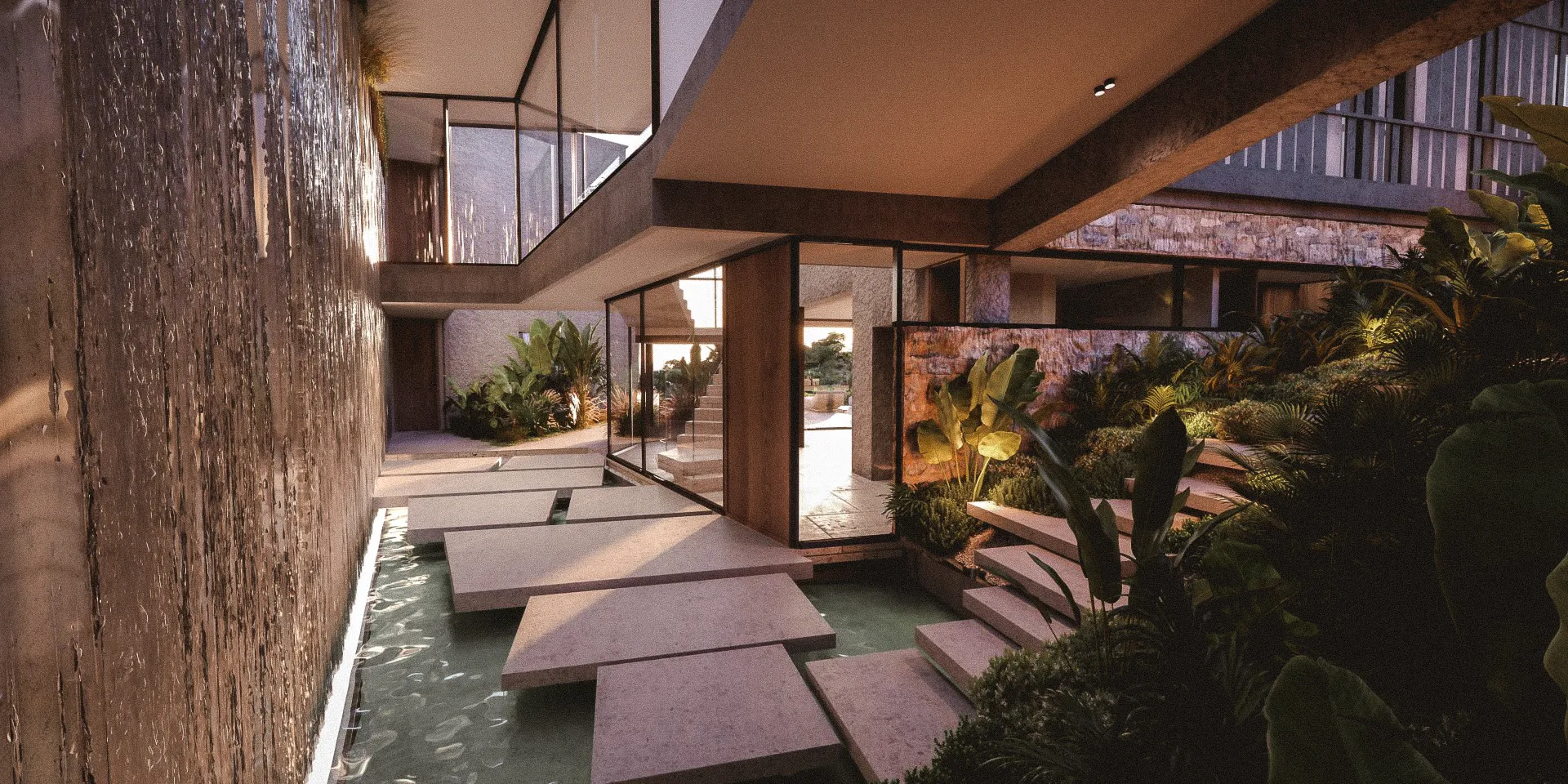 Contemporary courtyard with landscaped gardens, water features and warm natural materials.