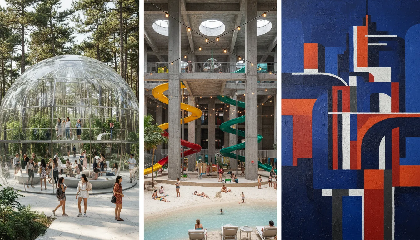 A three-panel image triptych showcasing modern architectural concepts. Left panel: DSLR photograph of a futuristic transparent bubble pavilion in a pine forest, filled with people, under soft natural daylight. Center panel: DSLR photograph of a multi-level indoor playground with massive colorful slides, exposed concrete pillars, and an indoor sand and water beach area where people are relaxing. Right panel: A stylized architectural painting with bold, geometric forms and a textured feel, using a color palette of deep blue, orange, and red.