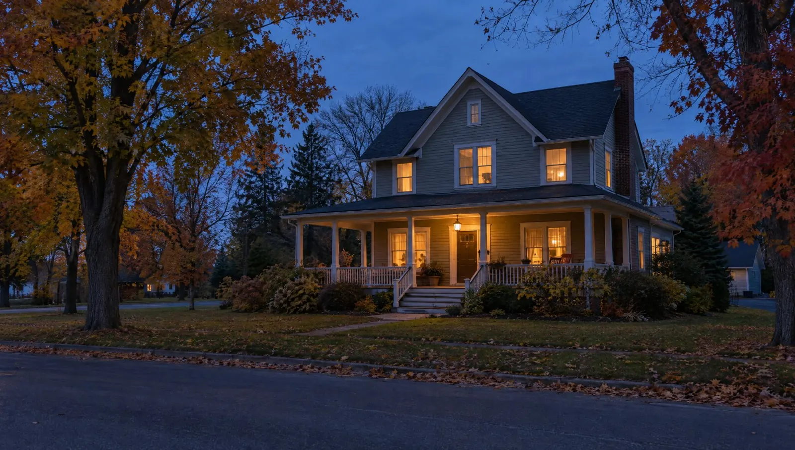 Illustrative home exterior at dusk; not a property listing