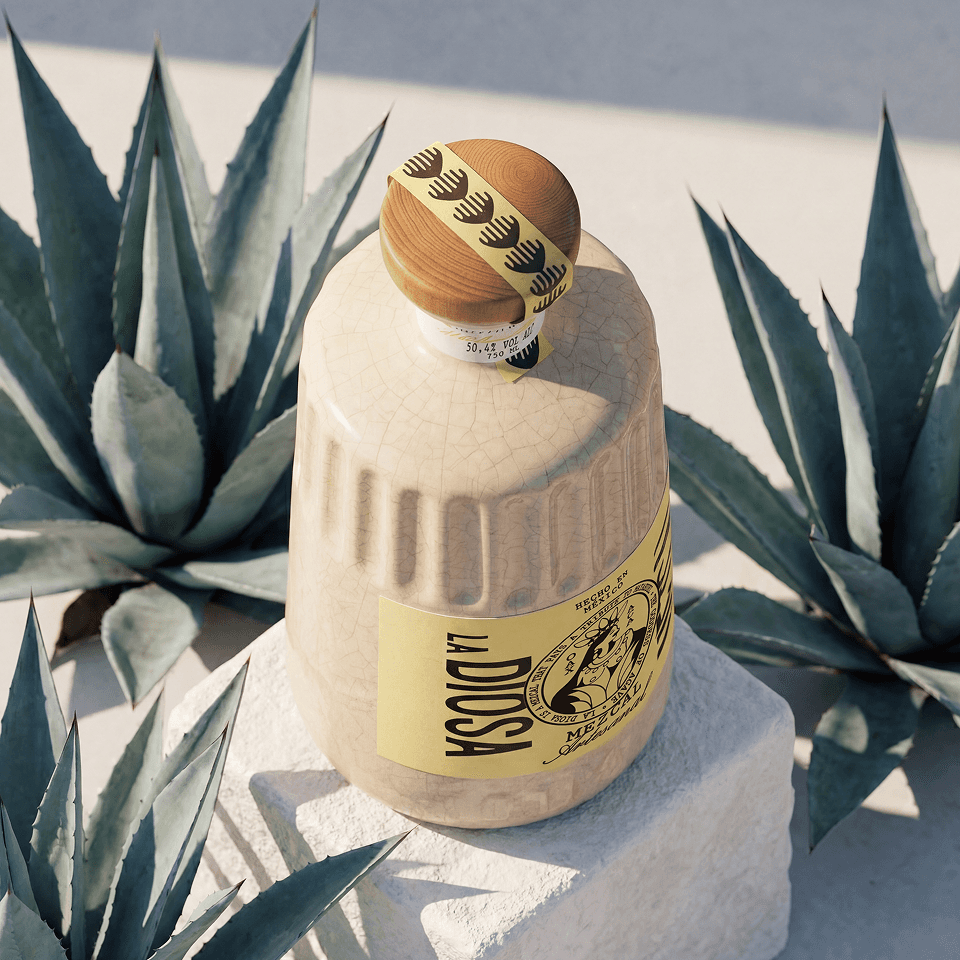 La Diosa Mezcal Detail – Flaschen-Closeup mit Schriftzu
