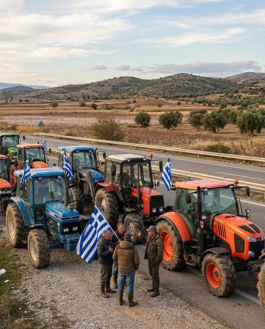 Farmers gather with tractors near Nea Malgara ahead of the nationwide meeting.